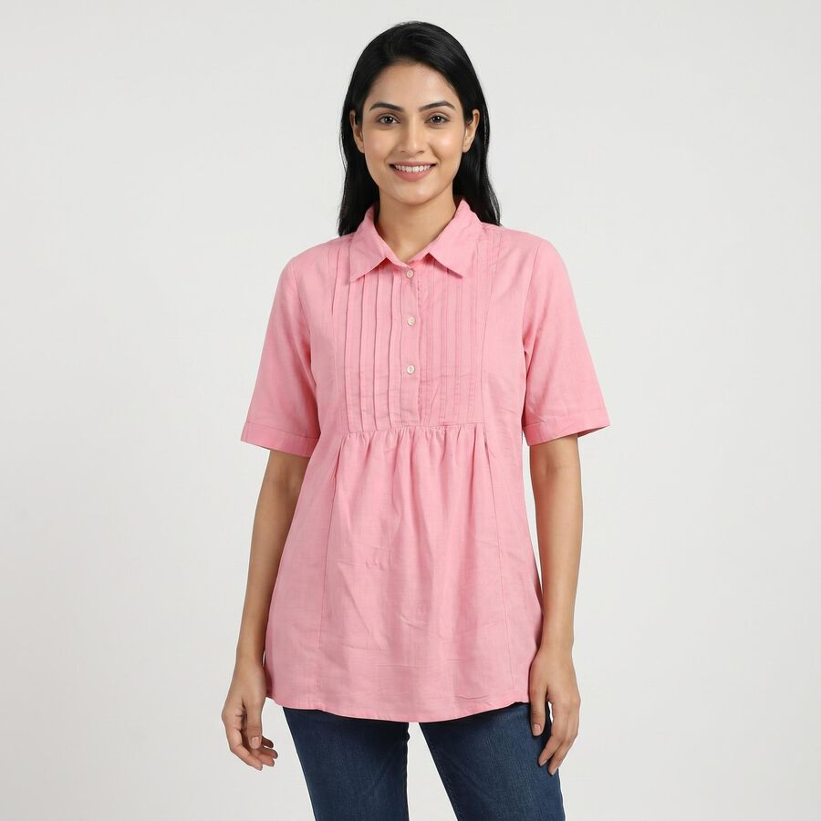 Women's Pink Collar Neck Solid A-Line Kurti, Light Pink, large