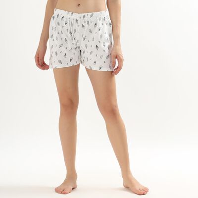 Ladies' White Printed Relaxed Fit Shorts