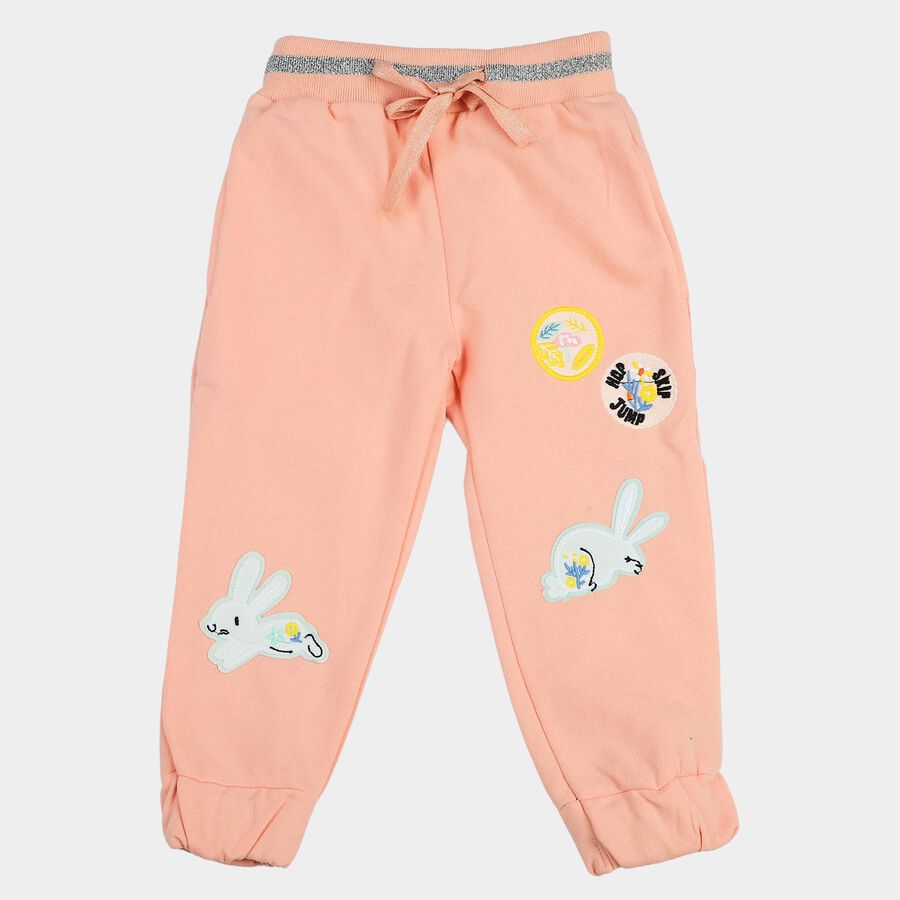 Girls' Peach Jogger Fit Bunny Applique Pyjama, पीच, large