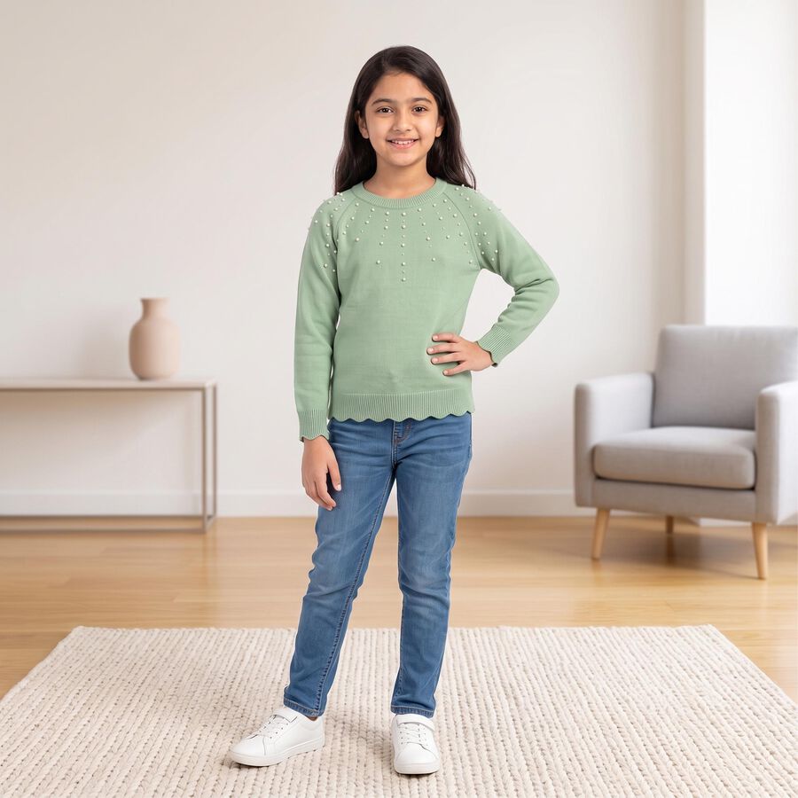 Girls' Sage Green Crew Neck Embellished Pullover, हल्का हरा, large