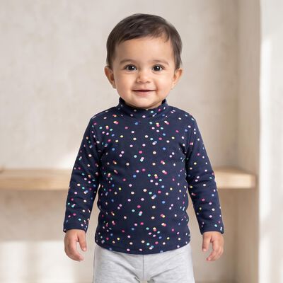 Infants Navy Blue Cotton High Neck Regular T-Shirt