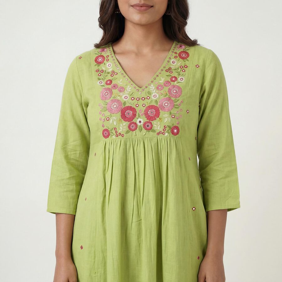 Women's Mint Green Cotton Notch Neck Printed Straight Kurta, Light Green, large
