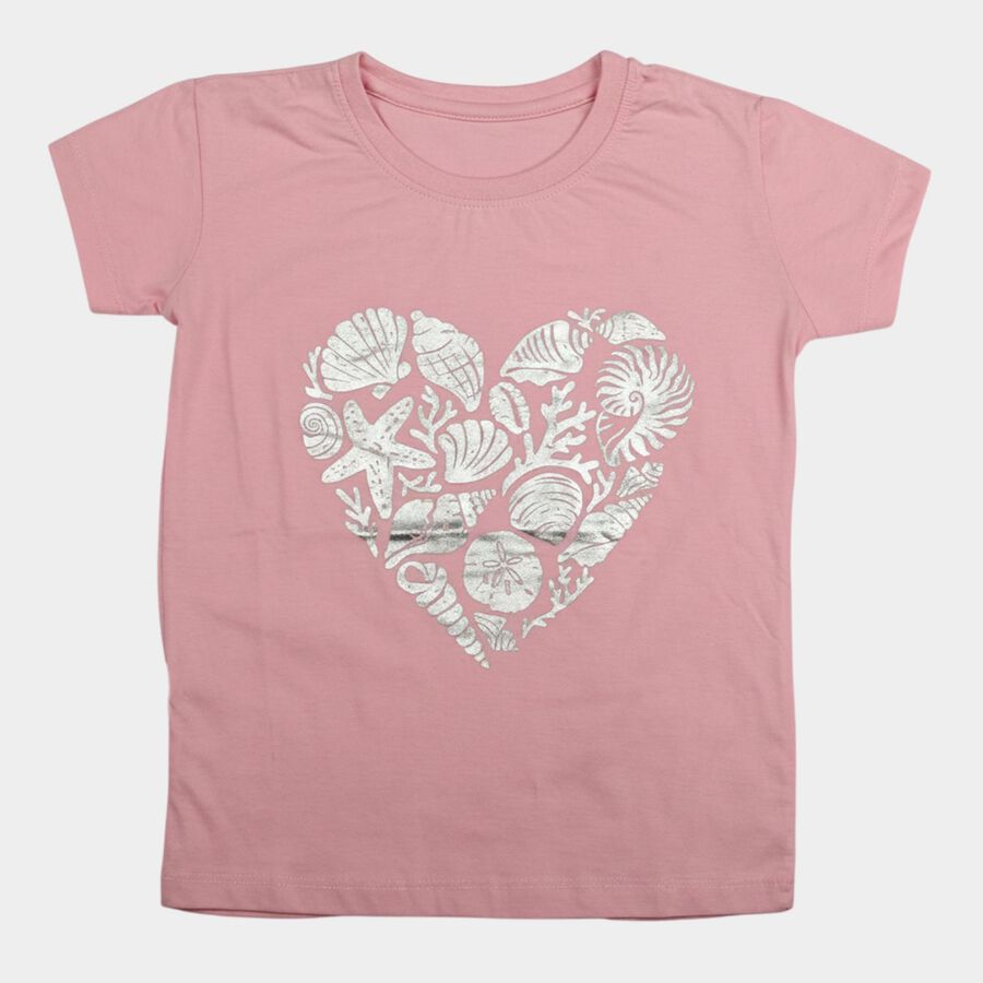 Girls Pink Round Neck Casual Printed T-Shirt, गुलाबी, large