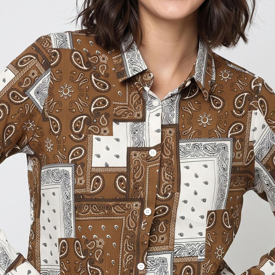 Women's Khaki Printed Collared Shirt, खाकी, large