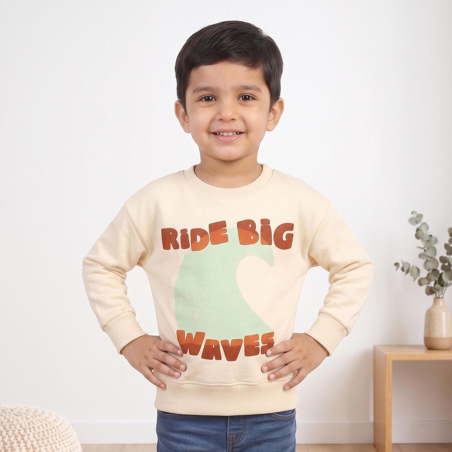 Boys' Cream Crew Neck Pullover Sweatshirt, Off White, large