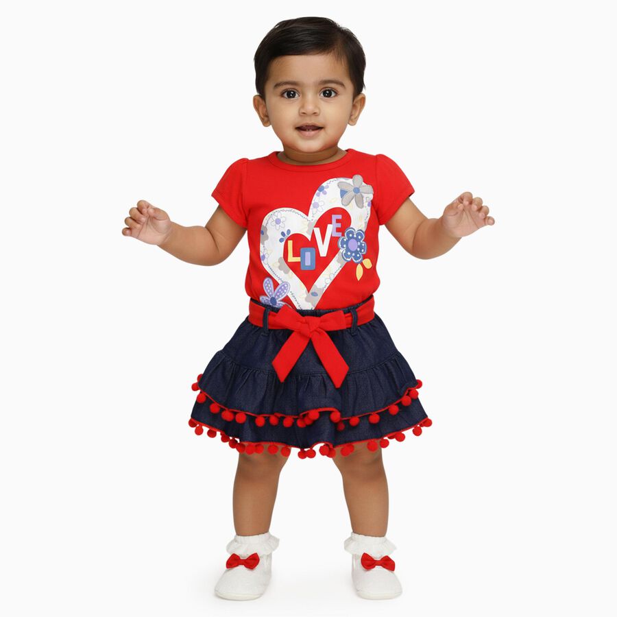 Infants' Bright Red Cotton Puff Sleeve Top and Layered Skirt Set, लाल, large