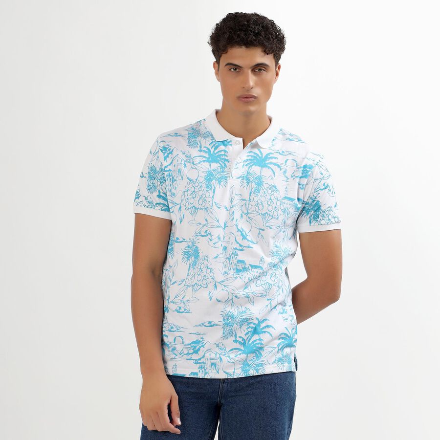 Men's White Cotton Polo Neck Tropical Printed T-Shirt, हल्का नीला, large image number null