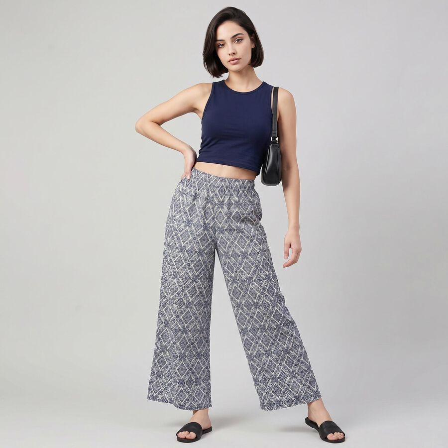 Women's Blue Geometric Printed Palazzos, मध्यम नीला, large
