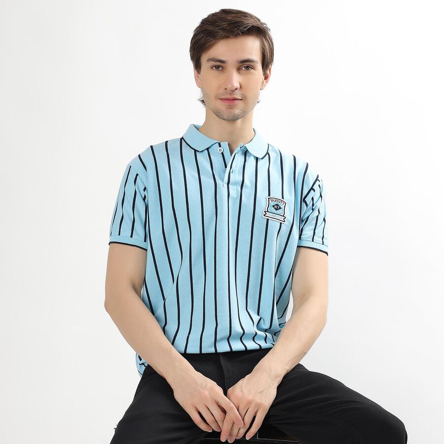 Men's Light Blue Polo Neck Striped T-Shirt, हल्का नीला, large image number null