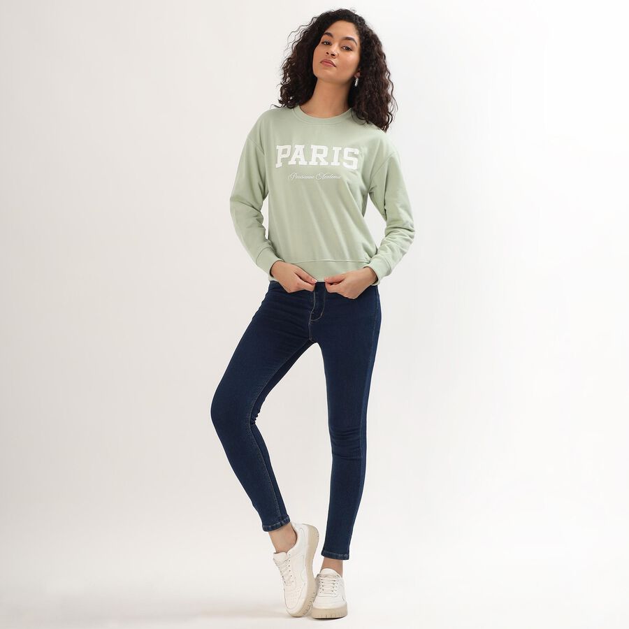 Women's Sage Green Crew Neck Graphic Sweatshirt, हल्का हरा, large image number null