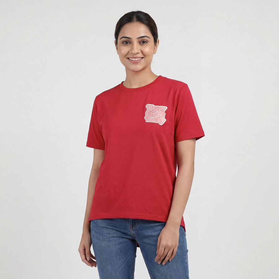 Women's Fuchsia Round Neck Casual T-Shirt, रानी (फ्यूशिया), large