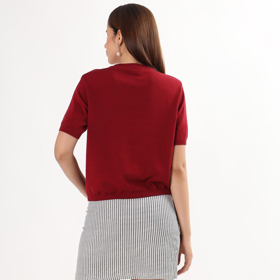 Women's Wine Red Crew Neck Casual Top, वाइन, large