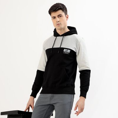 Men's Black and Grey Hooded Casual Sweatshirt, काला Men's Black and Grey Hooded Casual Sweatshirt