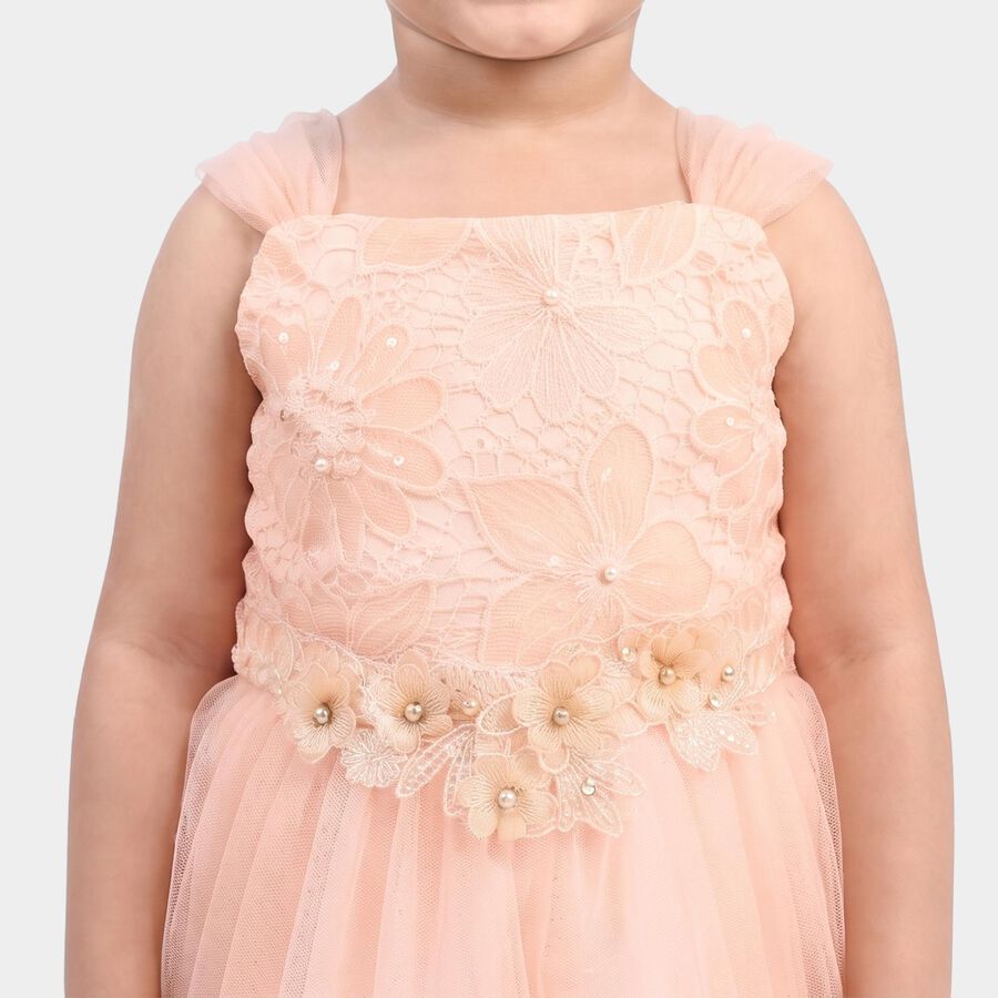 Girls' Light Pink Fit and Flare Floral Applique Party Wear Frock, Light Pink, large