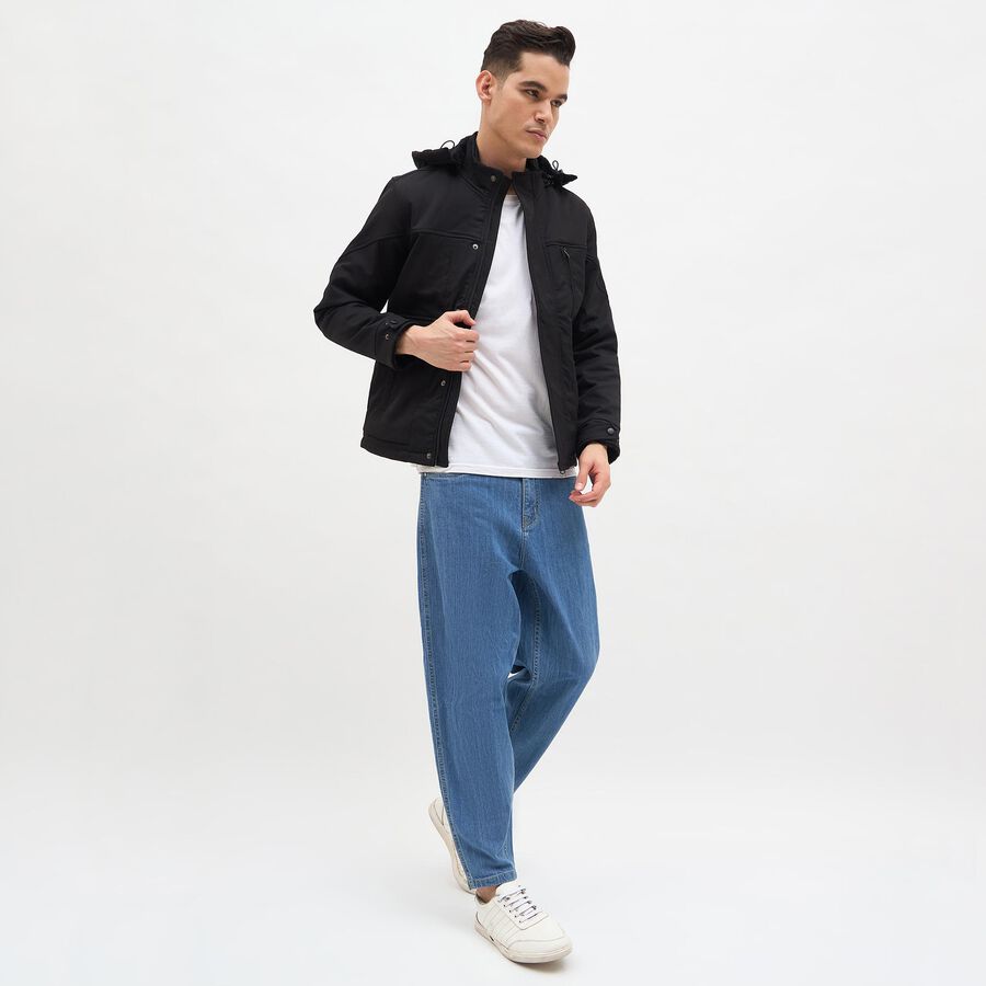 Men's Jet Black High Neck Hooded Casual Jacket, काला, large image number null