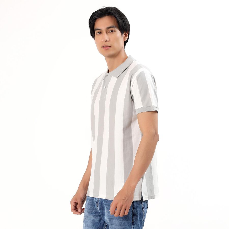 Men's Light Grey Polo Neck Striped T-Shirt, Light Grey, large image number null