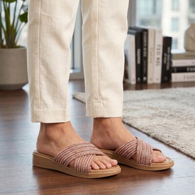 Women's Pink Embellished Slip-On Slide Sandals