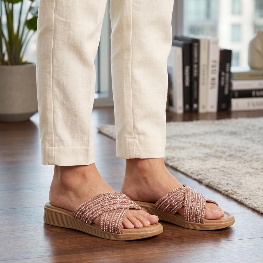 Women's Pink Embellished Slip-On Slide Sandals, Pink, large