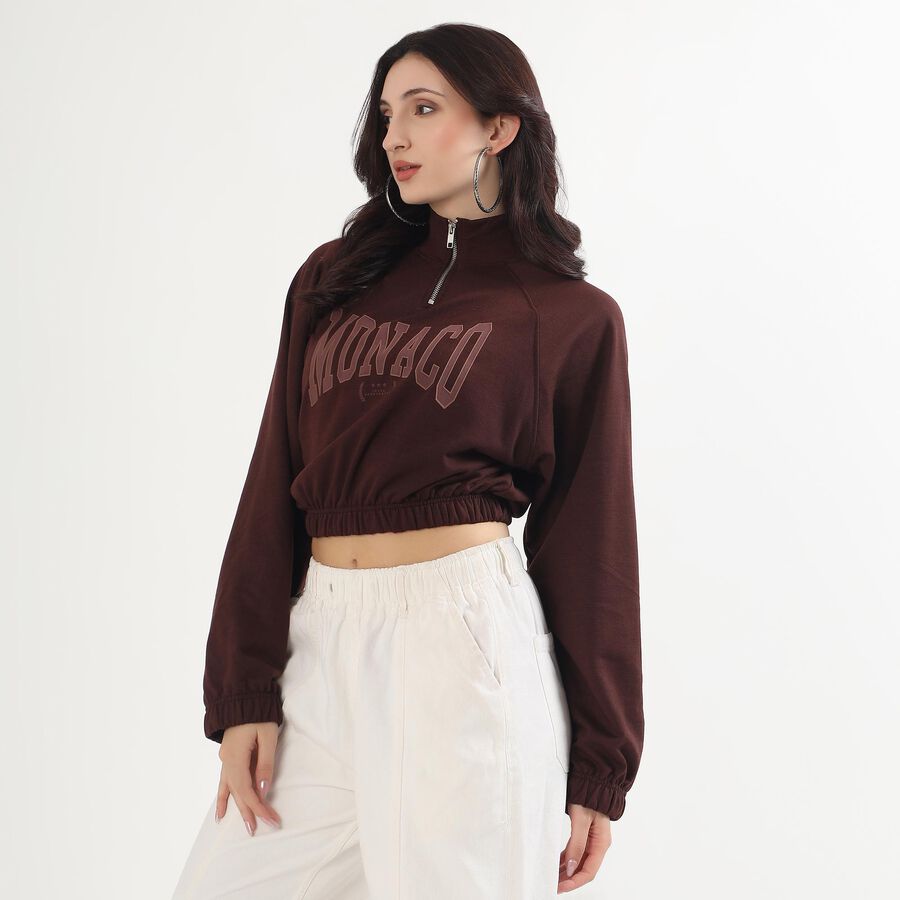 Women's Deep Brown High Neck Casual Sweatshirt, भूरा, large image number null