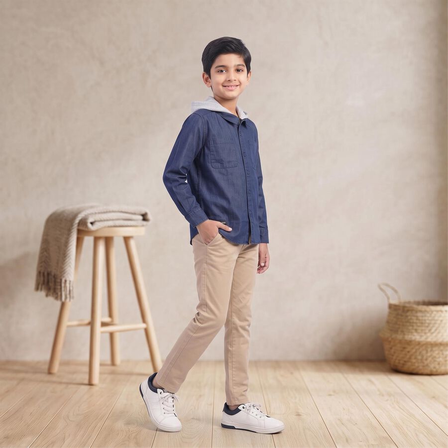 Boys Navy Blue Hooded Casual Shirt, Mid Blue, large