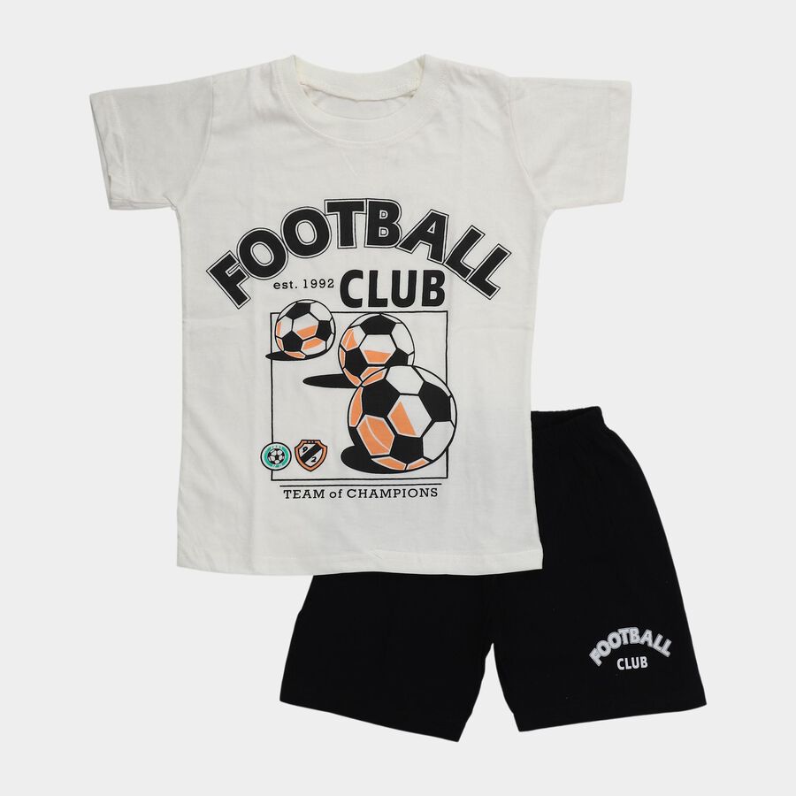 Boys White Round Neck Football Printed Baba Suit, White, large