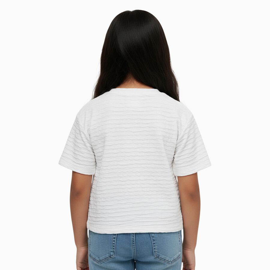 Girls White Round Neck Casual T-Shirt, सफ़ेद, large