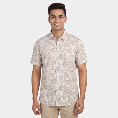 Men's Beige Cotton Classic Collar Casual Shirt