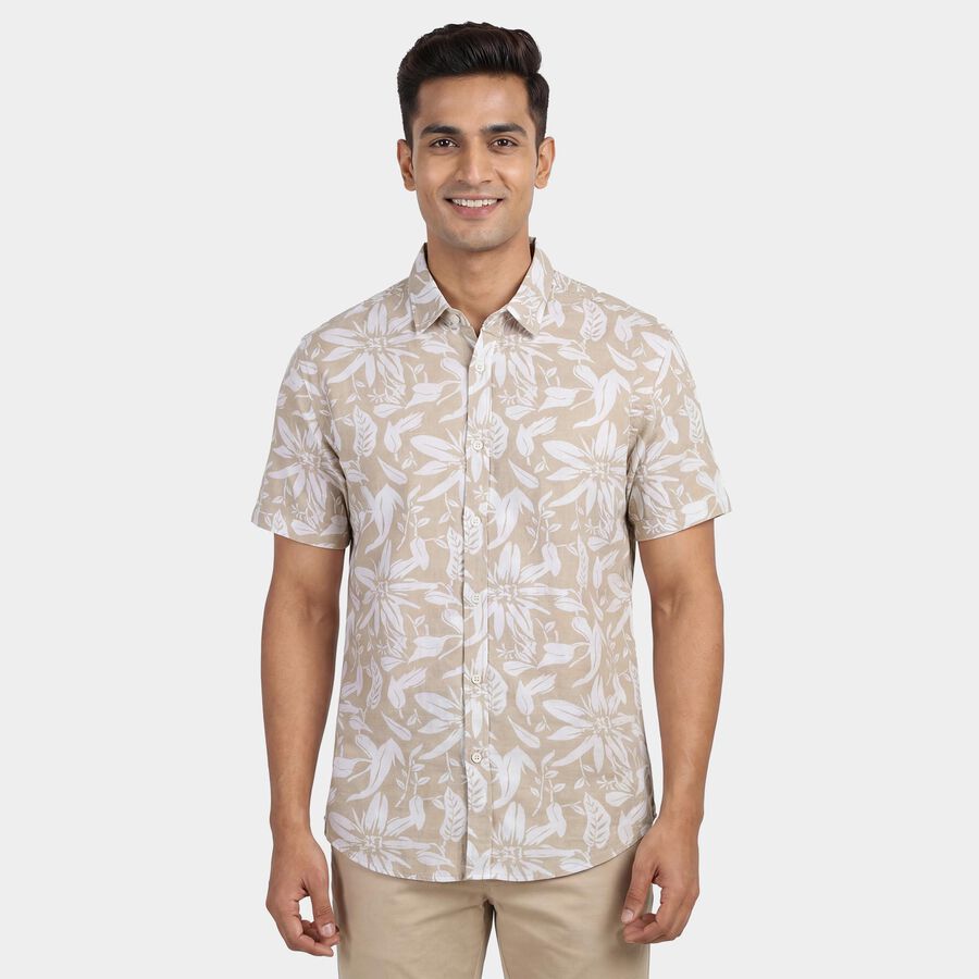 Men's Beige Cotton Classic Collar Casual Shirt, Beige, large