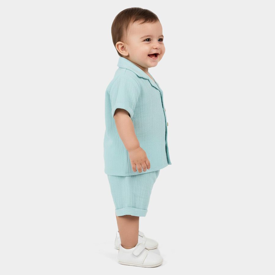 Infants' Aqua Cotton Collared Textured Baba Suit, एक्वा, large