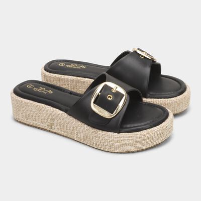 Women's Jet Black Buckle Strap Platform Sandals