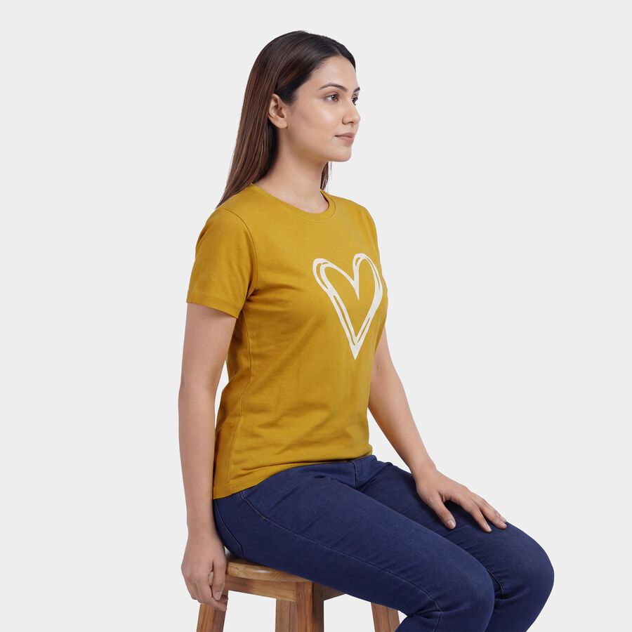 Women's Yellow Round Neck Graphic T-Shirt, Yellow, large