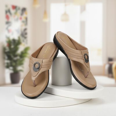 Women's Beige Embellished Thong Sandals