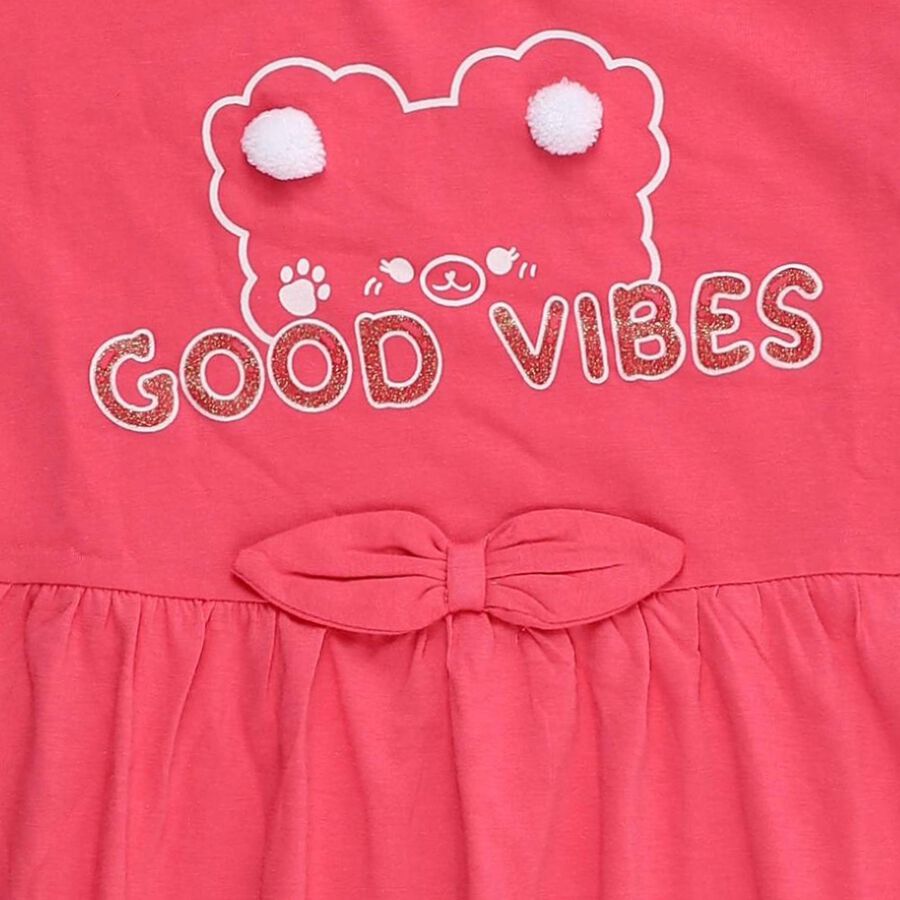 Girls' Bright Coral Pink Ruffle Sleeve Bow Detail Frock, Pink, large