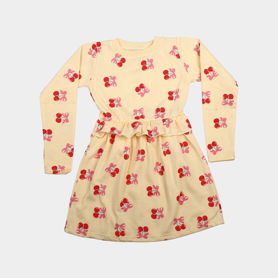 Girls' Cream Printed Fit and Flare Frock, Off White, large