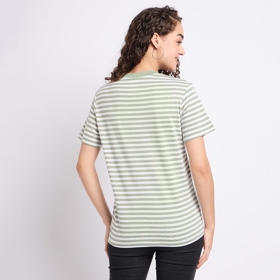 Ladies'  Stripes Round Neck T-Shirt, Light Green, large