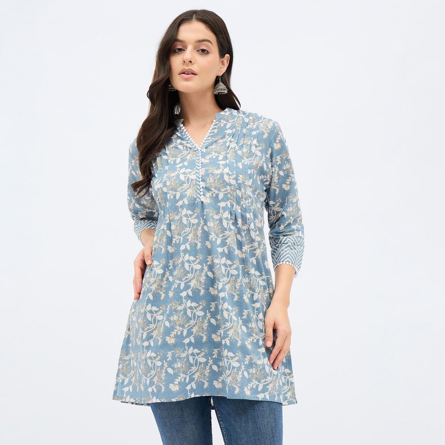 Women's Muted Powder Blue Cotton V-Neck Floral Printed Kurta, Light Grey, large image number null
