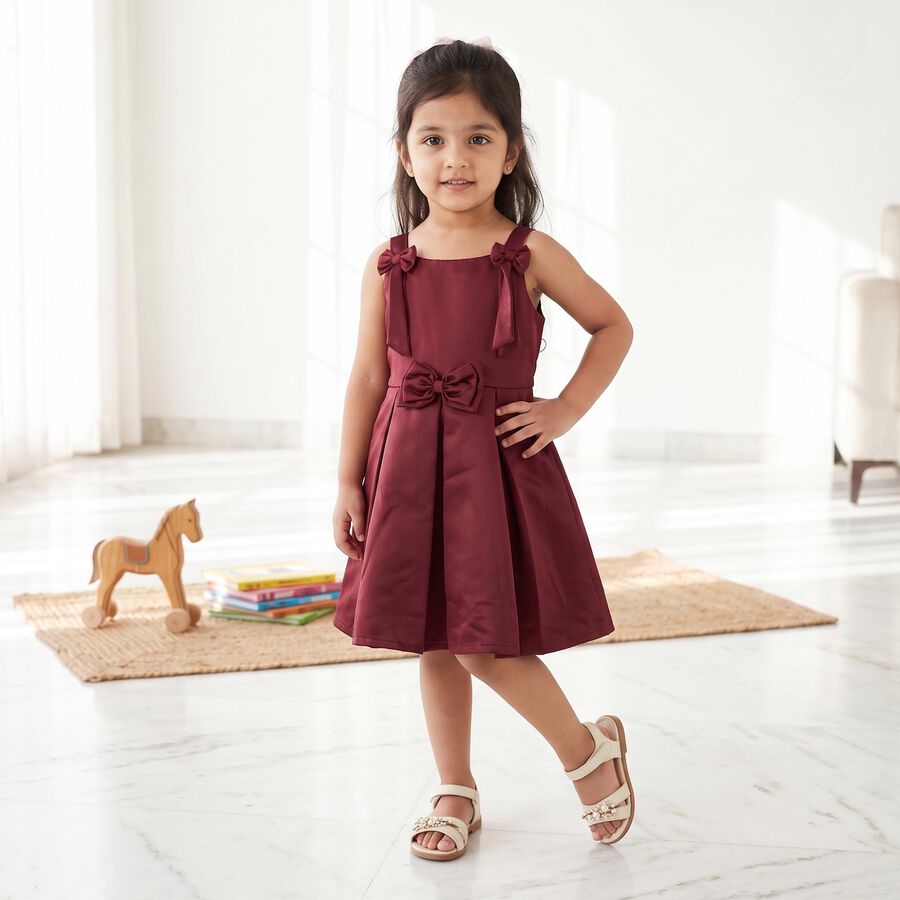 Girls' Maroon Fit and Flare Bow Detail Party Wear Frock, वाइन, large