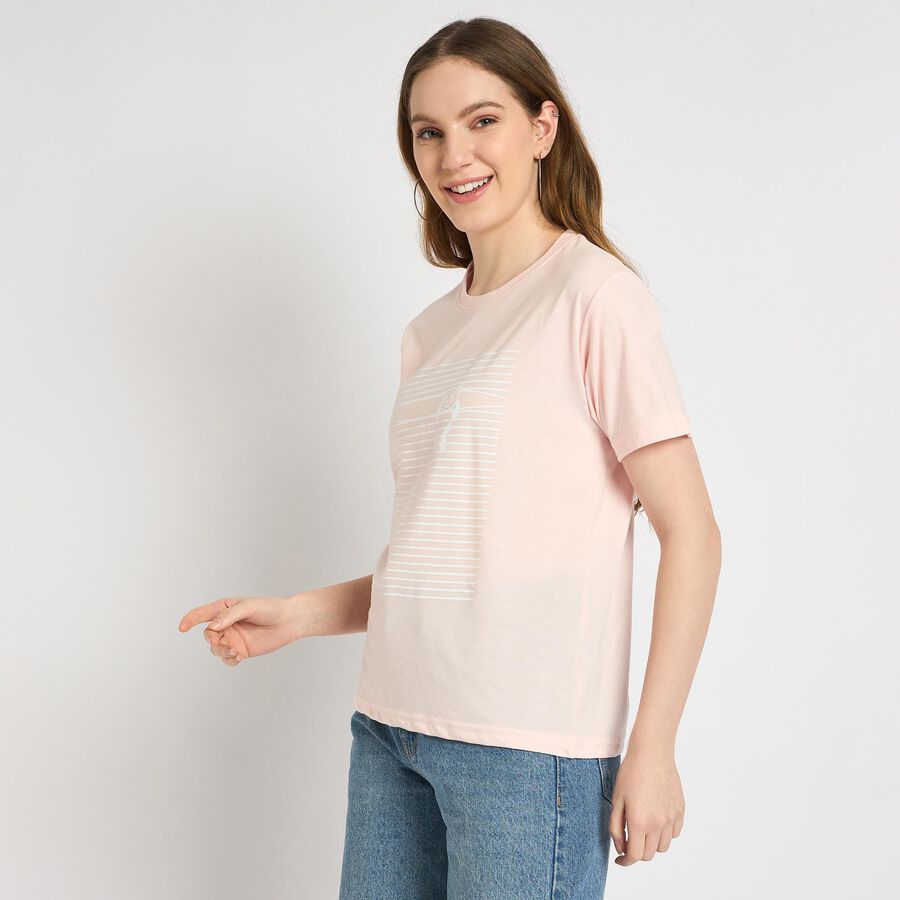 Ladies'  Stripes Round Neck T-Shirt, Light Pink, large