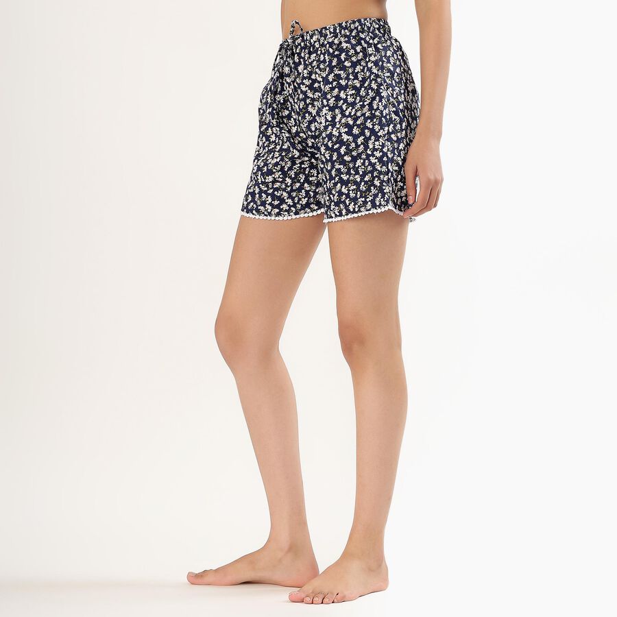Women's Dark Navy Floral Printed Lace Trim Shorts, Navy Blue, large