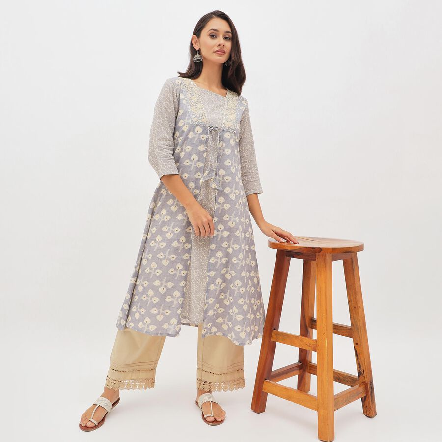 Women's Light Lavender Gray Cotton Square Neck Embroidered Kurta, Light Grey, large image number null