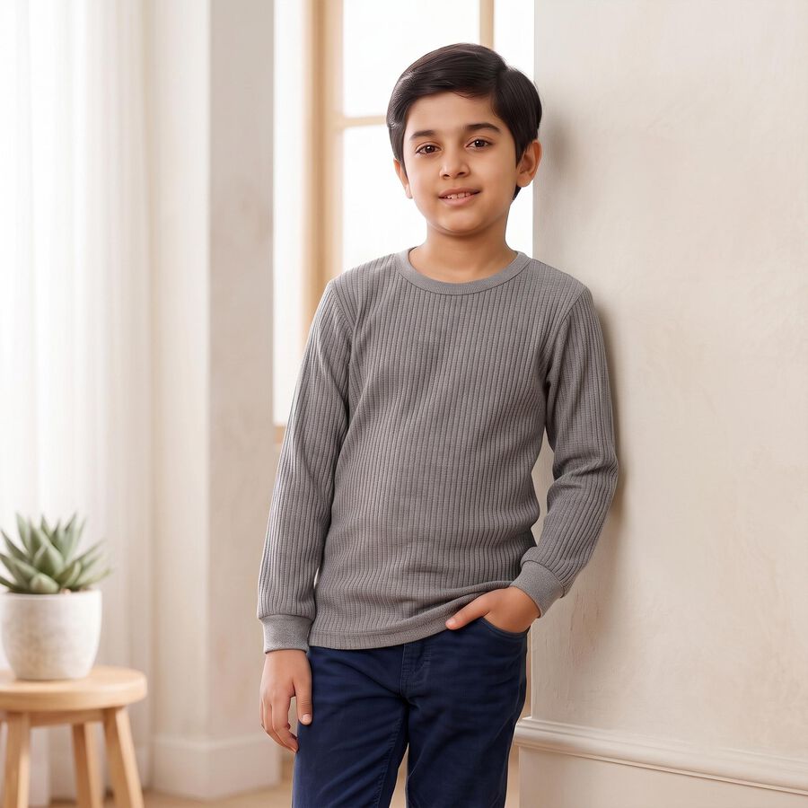 Boys' Grey Long Sleeve Thermal, चारकोल, large