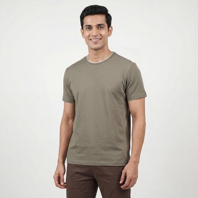 Men's Olive Cotton Round Neck Casual T-Shirt