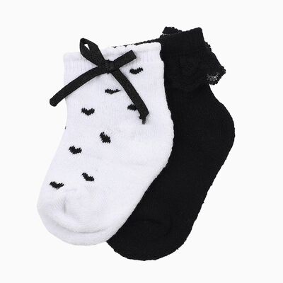 Infants Black and White Regular Fit Lace and Bow Style Pack of 2 Socks
