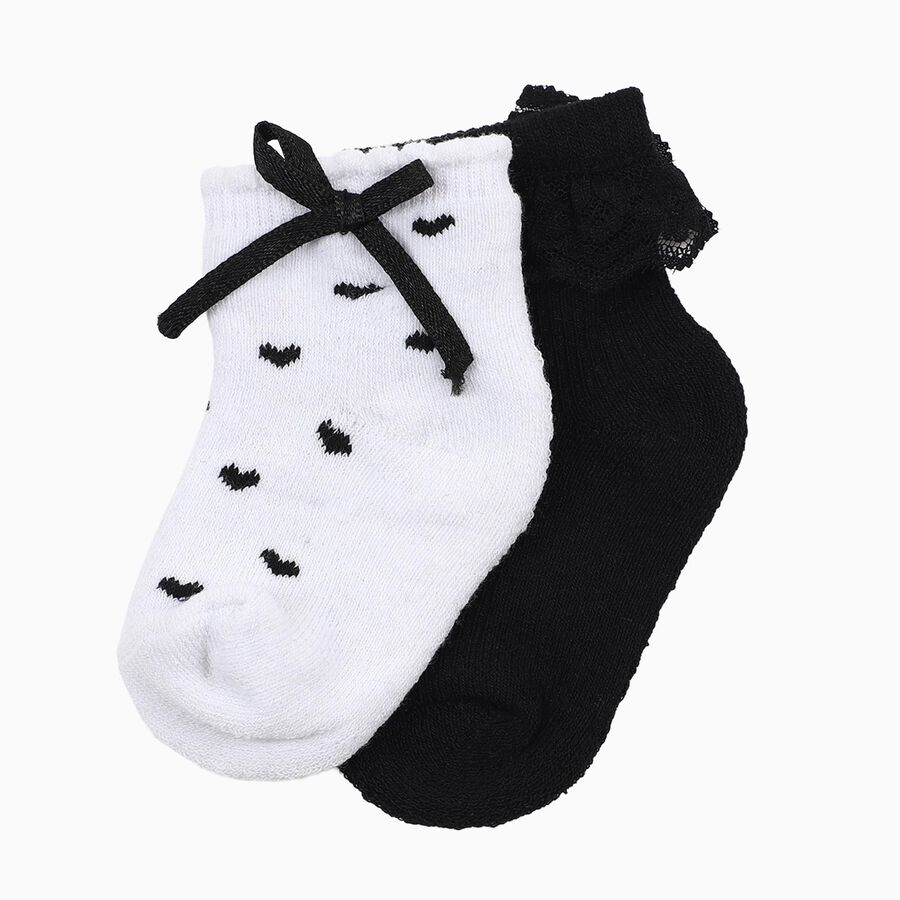 Infants Black and White Regular Fit Lace and Bow Style Pack of 2 Socks, काला, large