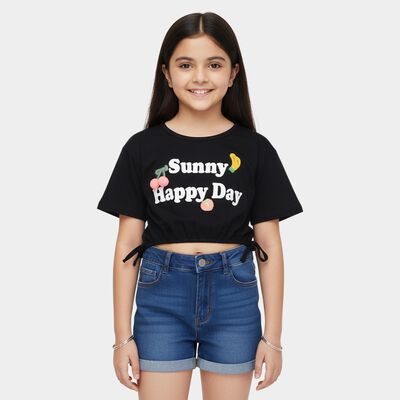 Girls' Navy Blue Cotton Round Neck Casual T-Shirt