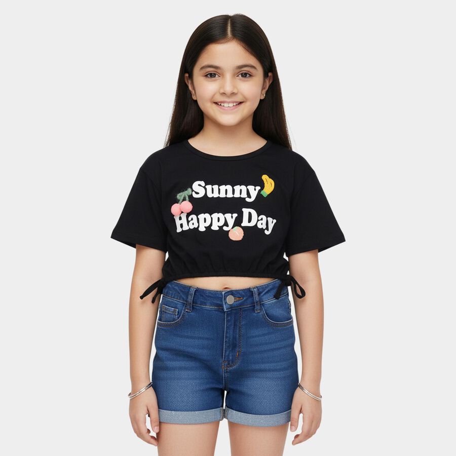 Girls' Navy Blue Cotton Round Neck Casual T-Shirt, नेवी ब्लू, large