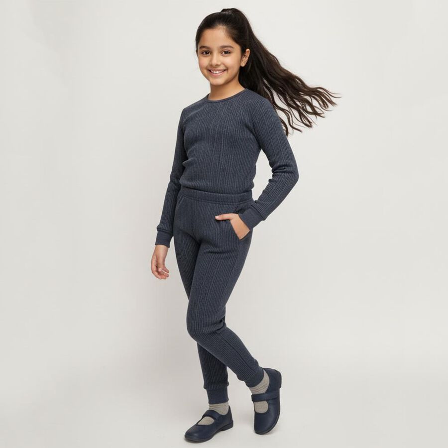 Girls Dark Navy Blue Round Neck Thermal Upper, मिश्रित नीला, large image number null