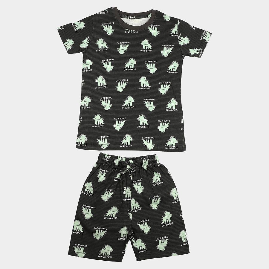 Boys' Charcoal 100% Cotton Round Neck Dinosaur Printed Baba Suit, Charcoal, large