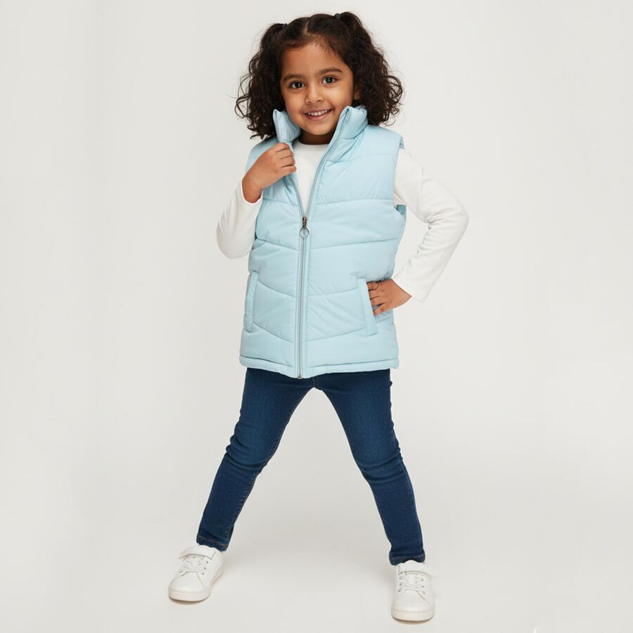 Girls' Light Blue High Neck Sleeveless Jacket, Light Blue, large image number null