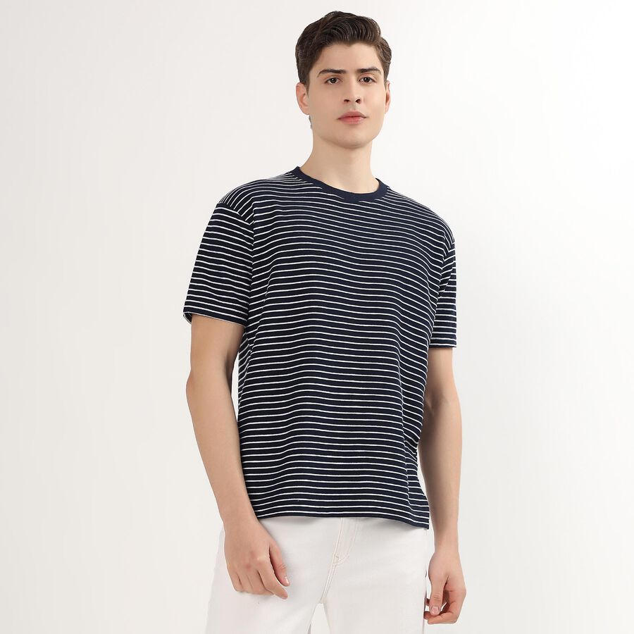 Men's Navy Blue Round Neck Striped T-Shirt, नेवी ब्लू, large